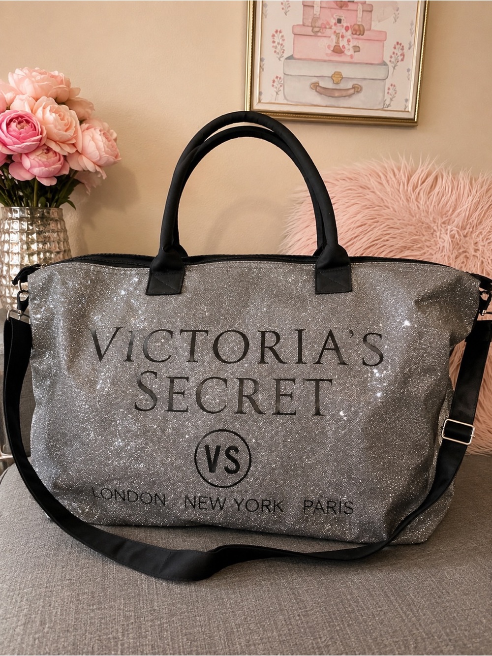 🪩 Victoria's Secret Silver Glitter Travel Tote XL Collector NWOT